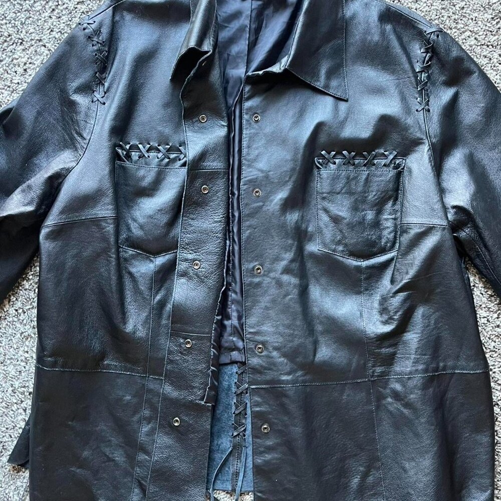 Vintage Newport News Black Genuine Leather Jacket Women 26W Fringe Lace Up Biker - Picture 2 of 8